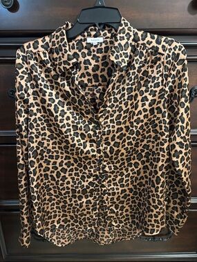 Pleione Leopard Satin Button-Up Shirt in Brown and Black